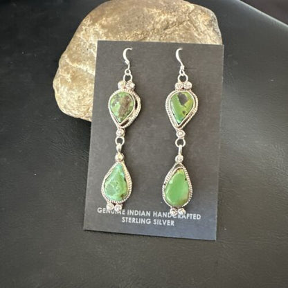 Navajo Green Royston Turquoise Dangle Earrings | Sterling Silver | Authentic Native American Handmade | 17139