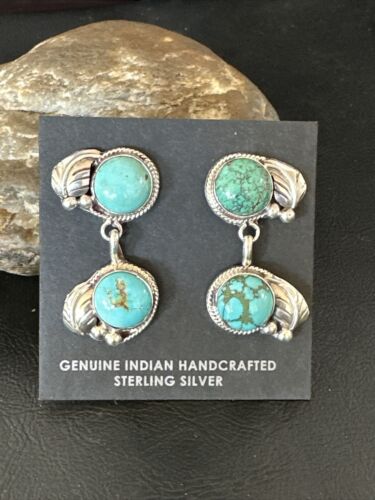 Navajo Blue Green Turquoise Dangle Earrings | Sterling Silver | 1.5" | Authentic Native American Handmade | 17389