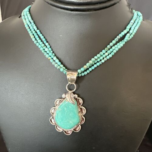 Navajo Blue Turquoise Pendant | Sterling Silver 3-Strand Bead Necklace | 17" | Authentic Native American Handmade | 15996