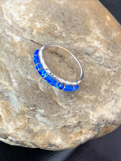 Native American Navajo Blue Opal Inlay Ring | Sterling Silver | Sz 7.5 | Handmade by Yazzie | 10621