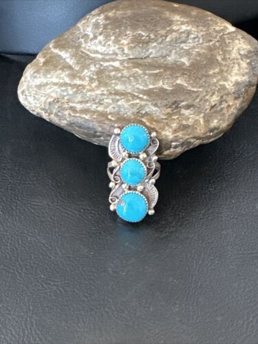 Navajo Blue Kingman Turquoise Cluster Ring | Authentic Native American Sterling Silver | Multi-Stone | Sz 7 | 16323