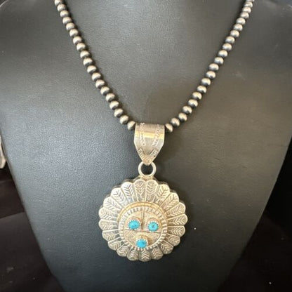 Navajo Sunface Blue Kingman Turquoise Pendant | Sterling Silver | 2.75" | Authentic Native American Handmade | 15209