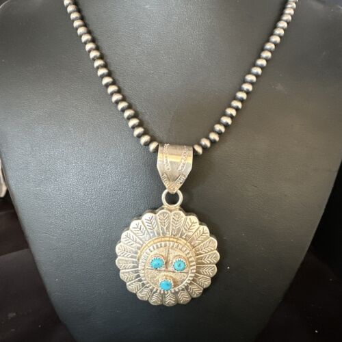 Navajo Sunface Blue Kingman Turquoise Pendant | Sterling Silver | 2.75" | Authentic Native American Handmade | 15209