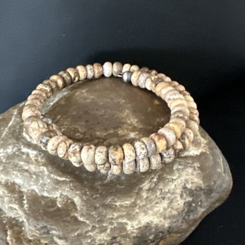 Navajo Brown Picture Jasper Bead Bracelet | 6mm | Sterling Silver | Authentic Native American Handmade | 15244