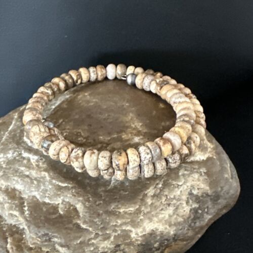 Navajo Brown Picture Jasper Bead Bracelet | 6mm | Sterling Silver | Authentic Native American Handmade | 15244 - Masha USA