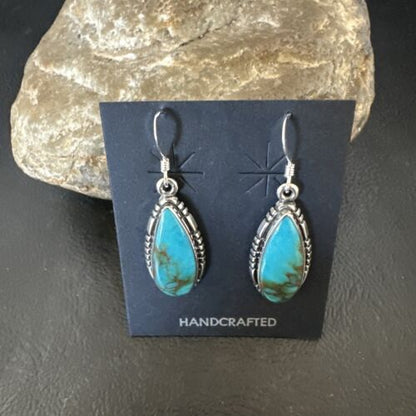Navajo Blue Turquoise Dangle Earrings | Sterling Silver | Authentic Native American Handmade | 16505