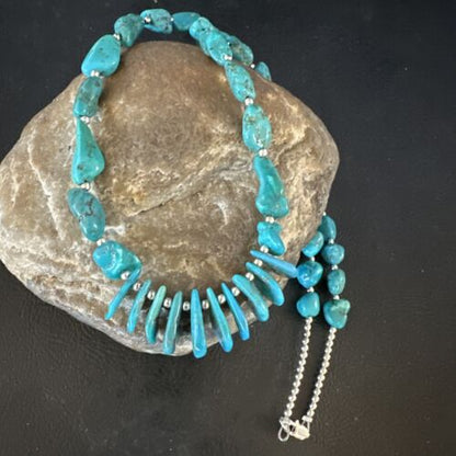 Navajo Blue Kingman Nugget Turquoise Necklace | Sterling Silver | 22" | Authentic Native American Handmade | 15534