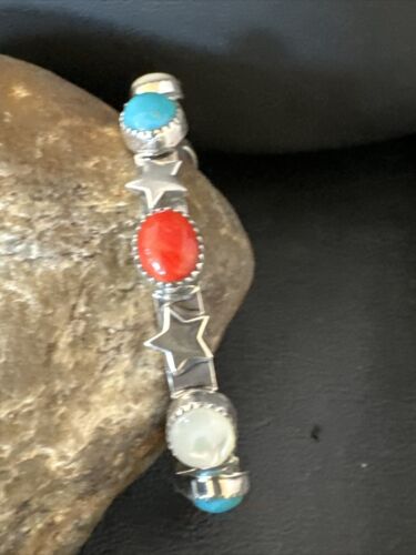 Fourth July Blue Turquoise Coral Mother Of Pearl Navajo Sterling Silver Cuff Bracelet 15338