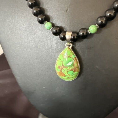 Green Mojave Turquoise & Onyx Pendant | Navajo Pearl Sterling Silver Necklace 21" | 17499