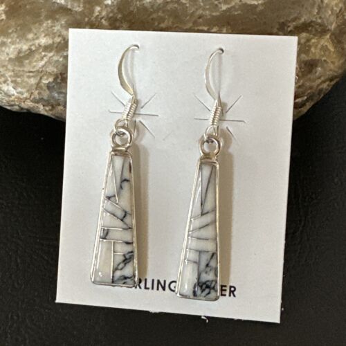 White Buffalo Turquoise Inlay Earrings | Navajo Sterling Silver | Authentic Native American Handmade | 15702