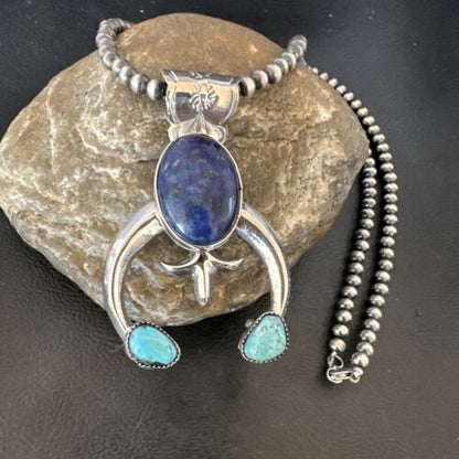 Blue Turquoise Lapis Lazuli Naja Pendant | Navajo Sterling Silver | Authentic Native American Handmade | 16412