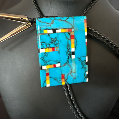 Men's Turquoise Orange Spiny Oyster Bolo Tie | Sterling Silver | Santo Domingo | 15501