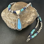 Navajo Opal Inlay Pendant with Turquoise & Lapis | Sterling Silver Necklace | Authentic Native American Handmade | 16849
