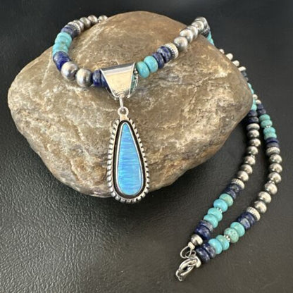 Navajo Opal Inlay Pendant with Turquoise & Lapis | Sterling Silver Necklace | Authentic Native American Handmade | 16849