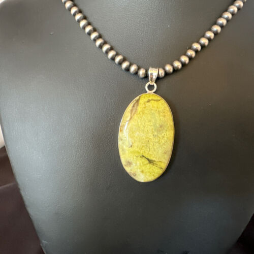 Navajo Green Gaspeite Pendant Necklace | Sterling Silver | Authentic Native American Handmade | 15482