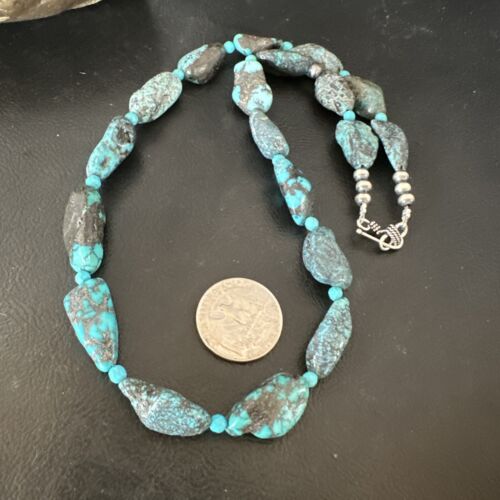 Navajo Blue Nugget Turquoise Bead Necklace | Sterling Silver Pearls | 20" | Authentic Native American Handmade | 16001