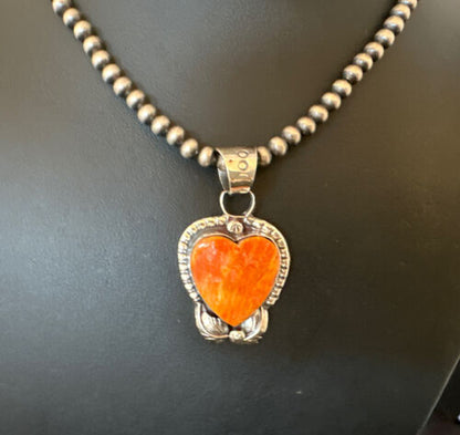 Navajo Orange Spiny Oyster Heart Pendant Necklace | Sterling Silver | Authentic Native American Handmade | 16414