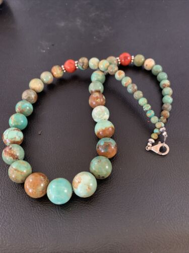 Navajo Green Turquoise & Apple Coral Graduated Necklace | Sterling Silver | Authentic Native American | 18" | 13200