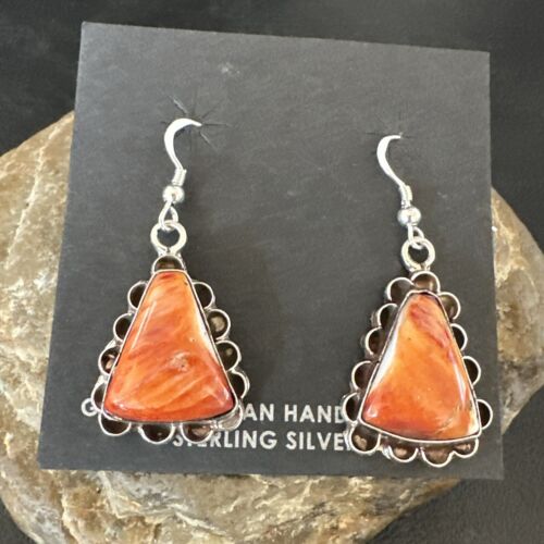Navajo Orange Spiny Oyster Dangle Earrings | Sterling Silver | Authentic Native American Handmade | 17265