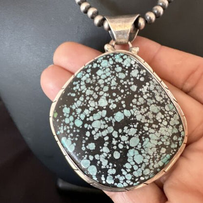 Men's Navajo Blue Spiderweb Turquoise Pendant Necklace | Sterling Silver | Authentic Native American Handmade | 16233