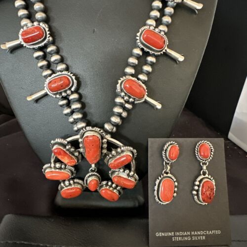Navajo Red Coral Naja Pendant | Sterling Silver Squash Blossom Necklace & Earrings | 17047
