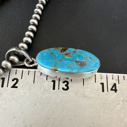 Navajo Blue Kingman Turquoise Pendant with Pearls | Sterling Silver Necklace | 20" | 16994