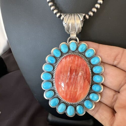 Navajo Kingman Turquoise & Red Spiny Oyster Pendant | Sterling Silver | Authentic Native American Handmade | 15449