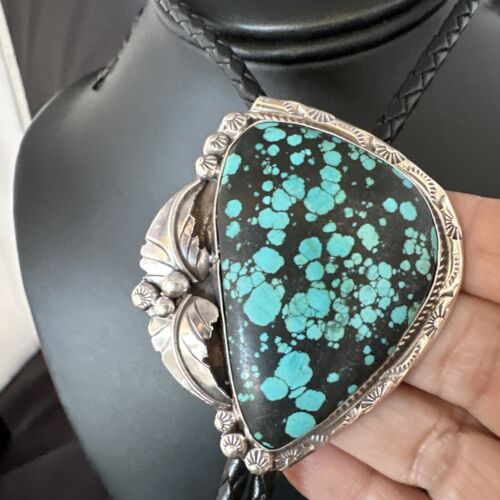 Men's Blue Spiderweb Turquoise Bolo Tie | Navajo Sterling Silver | Authentic Native American Handmade | 15011