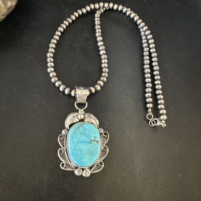 Navajo Kingman Turquoise Pendant Necklace | Sterling Silver Pearls | Authentic Native American Handmade | 15214