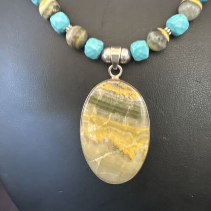 Men's BumbleBee Jasper Pendant Necklace | Navajo Pearls | Sterling Silver | Authentic Native American Handmade | 16878