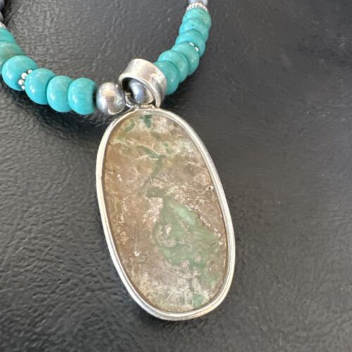 Navajo Teal Blue Turquoise Pendant Necklace | Sterling Silver | Authentic Native American Handmade | 16339