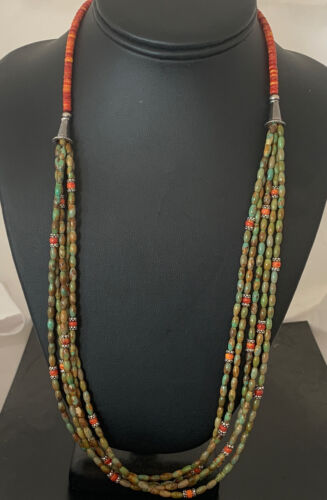 Navajo Sterling Silver Graduated Turquoise Spiny Bead Necklace | 3 Strand | Authentic Native American Handmade | 00577
