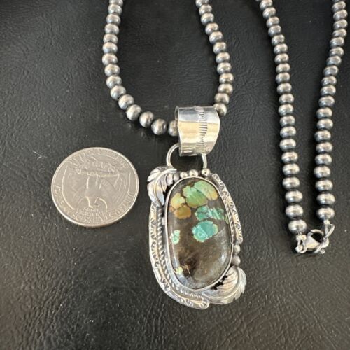 Navajo Blue Spiderweb Turquoise Pendant | Sterling Silver Necklace | 18" Pearls | 15093