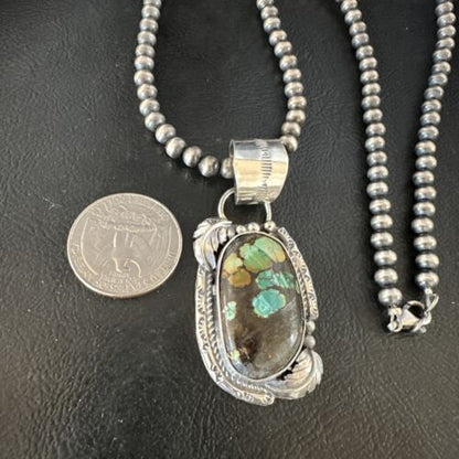 Navajo Blue Spiderweb Turquoise Pendant | Sterling Silver Necklace | 18" Pearls | 15093