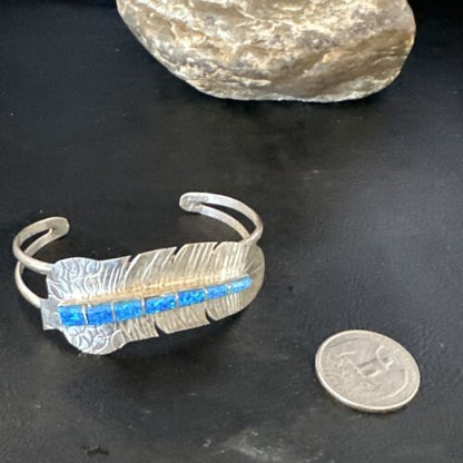 Navajo Sterling Silver Bracelet with Blue Fire Opal Inlay | 7" | Authentic Native American Handmade | 15070