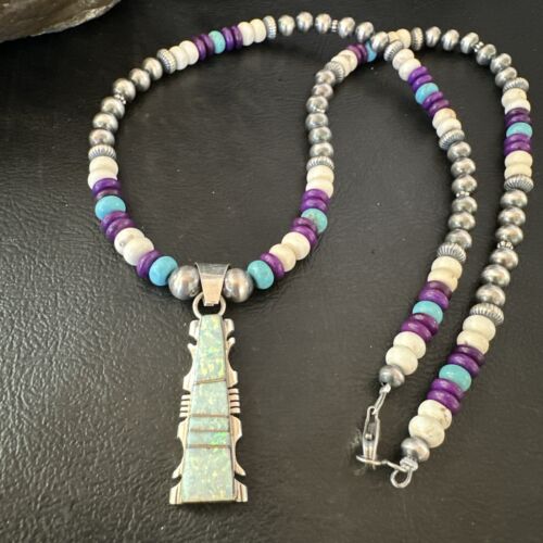 Navajo Opal Inlay Pendant with Turquoise and Sugilite | Sterling Silver Necklace | Authentic Native American Handmade | 16850