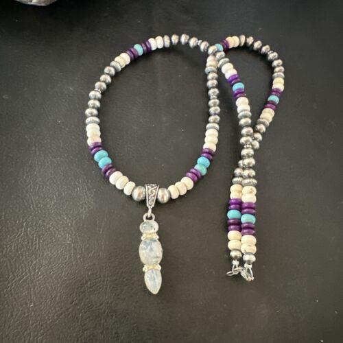 Navajo White Mother of Pearl, Turquoise, Sugilite Pendant Necklace | Sterling Silver | 16929