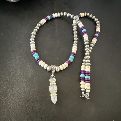 Navajo White Mother of Pearl, Turquoise, Sugilite Pendant Necklace | Sterling Silver | 16929