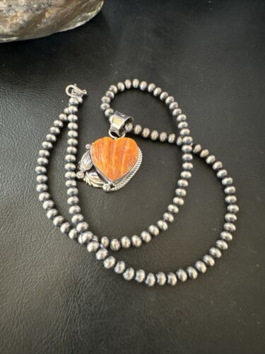 Navajo Orange Spiny Oyster Heart Pendant Necklace | Sterling Silver | Authentic Native American Handmade | 16413