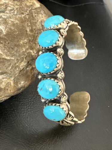 Navajo Blue Kingman Turquoise Cuff Bracelet | Sterling Silver | 5 Stone Design | Women's Jewelry | Authentic Native American Handmade