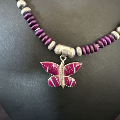 Navajo Butterfly Purple Sugilite Pendant Necklace | Sterling Silver Inlay | Authentic Native American Handmade | 16761
