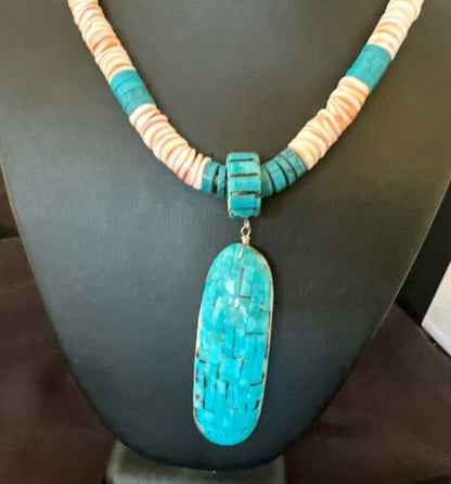 Santo Domingo Turquoise Spiny Oyster Inlay Pendant Necklace | Sterling Silver | 22" | 17437