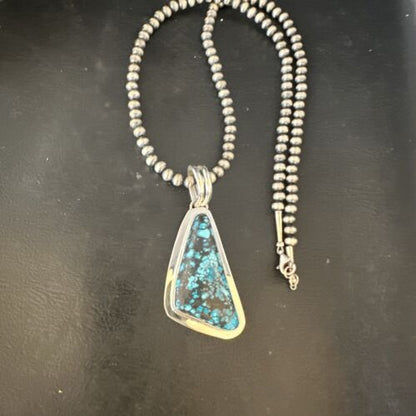 Men's Blue Spiderweb Turquoise Pendant Necklace | Navajo Sterling Silver | Authentic Native American Handmade | 14970