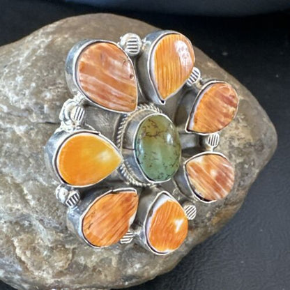 Navajo Green Turquoise Spiny Multi-Stone Cluster Ring | Authentic Native American Sterling Silver | Sz 10.5 | 16717 - Masha USA
