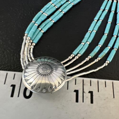 Navajo Blue Turquoise Heishi Concha Necklace | 5 Strand Liquid Sterling Silver | 20" | 15876
