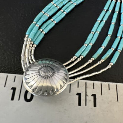 Navajo Blue Turquoise Heishi Concha Necklace | 5 Strand Liquid Sterling Silver | 20" | 15876