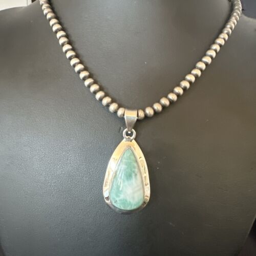 Navajo Blue Larimar Pendant Necklace | Sterling Silver Beads | Authentic Native American Handmade | 17564