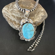 Navajo Kingman Turquoise Pendant Necklace | Sterling Silver Pearls | Authentic Native American Handmade | 15214