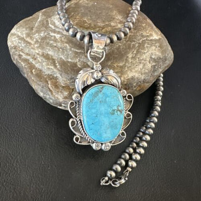 Navajo Kingman Turquoise Pendant Necklace | Sterling Silver Pearls | Authentic Native American Handmade | 15214