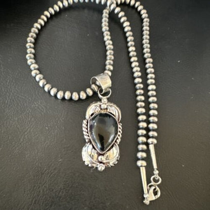 Native American Men's Pendant | Navajo Pearls | Sterling Silver Black Onyx Necklace | 16132